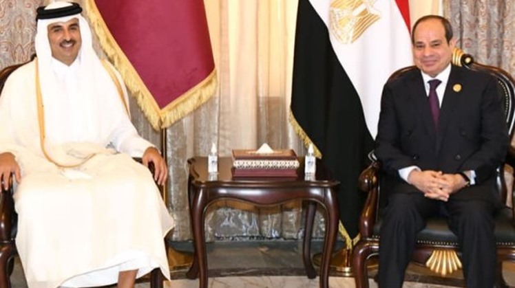 President Abdel Fattah El-Sisi (R) with Emir of Qatar Tamim bin Hamad Al Thani (L)