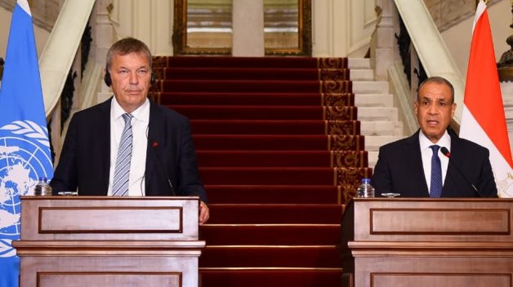 Egypt's Foreign Minister Badr Abdelatty during a press conference in Cairo on Saturday with Philippe Lazzarini, Commissioner-General of the UN Relief and Works Agency for Palestine Refugees (UNRWA).