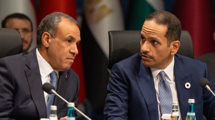 Egyptian FM Badr Abdelatty and Qatari PM Mohammed bin Abdulrahman Al Thani meet during an expanded meeting of the Arab-Islamic Ministerial Committee on Gaza, in Antalya, Turkey - Egypt's MFA