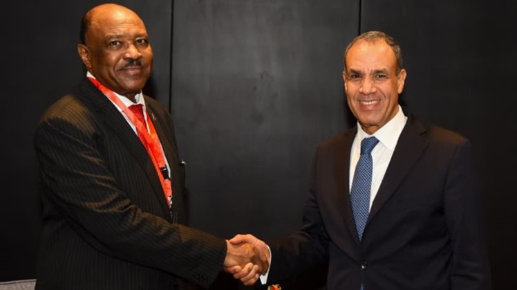 Egypt’s Minister of Foreign Affairs Badr Abdelatty (R) shaking hands with his Sudanese counterpart Ambassador Mohieddin Salem (L)