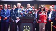 Egypt’s Foreign Minister, Badr Abdelatty held a joint press conference on Monday with the Palestinian Prime Minister Mohammed Mustafa in front of Rafah border crossing - Press Photo