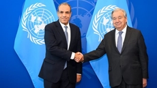 Foreign Minister Badr Abdelatty shaking hands with UN secretary-general António Guterres